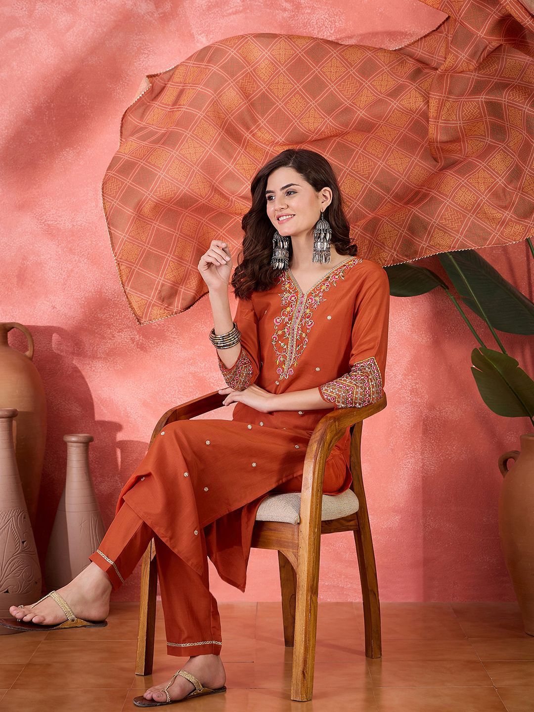 Indyancart SN Women's Floral Embroidered Kurta with Trousers & Dupatta