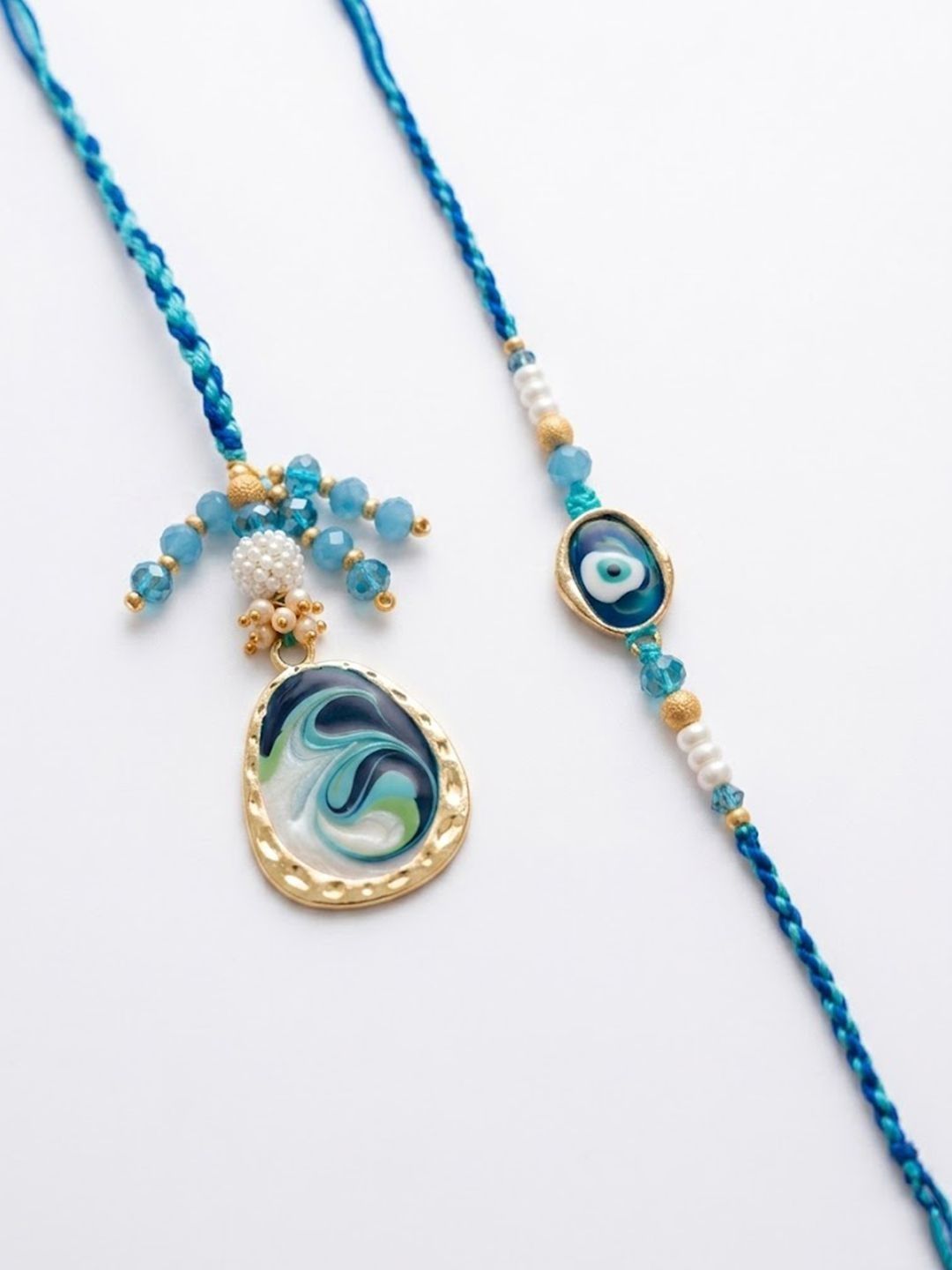 Anouk Set Of 2 Blue Evil Eye Traditional Gold Toned Bhaiya Bhabhi Rakhi With Roli Chawal