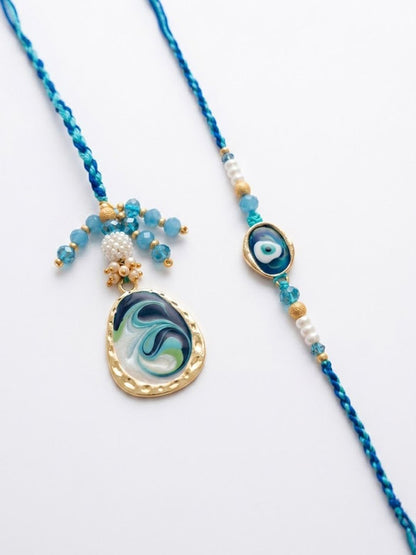 Anouk Set Of 2 Blue Evil Eye Traditional Gold Toned Bhaiya Bhabhi Rakhi With Roli Chawal