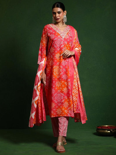 Indyancart VA Women'sBandhani Printed V-Neck Thread Work Kurta With Trousers & Dupatta