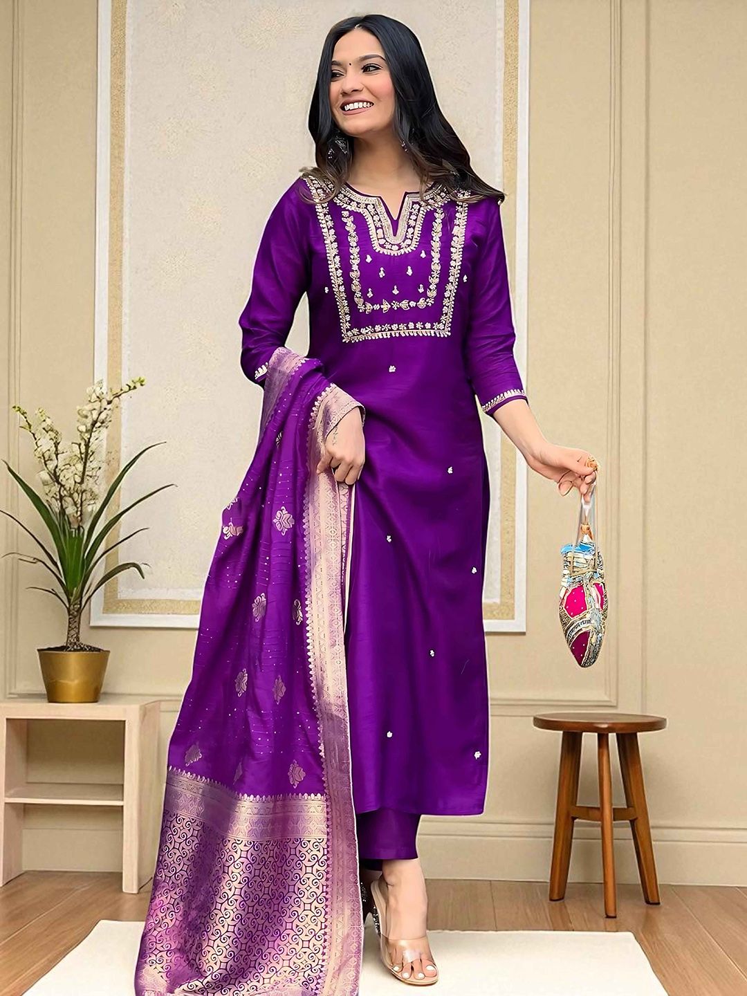 Indyancart SN Women's Floral Embroidered Cotton Kurta with Trousers & Dupatta