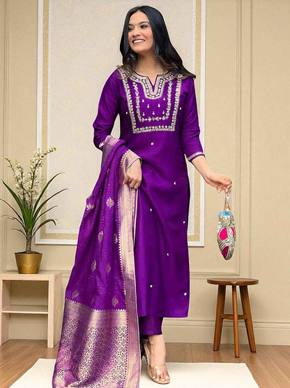 Indyancart SN Women's Floral Embroidered Cotton Kurta with Trousers & Dupatta