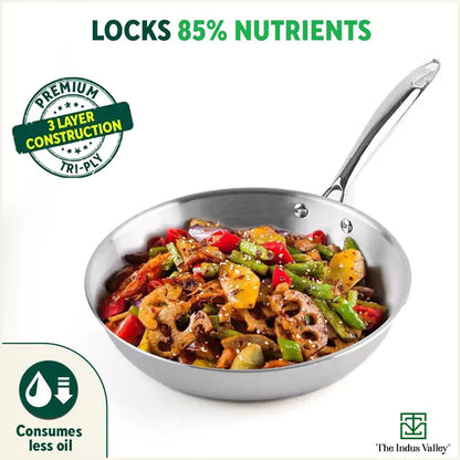 The Indus Valley TurboCuk Tri-ply Stainless Steel Fry Pan, Premium Quality, 3 Layer Thick Body, 100% Toxin-free, Non-stick, Induction & Gas,Spatula, 22/24/26 cm, 1.5/1.7/1.9L