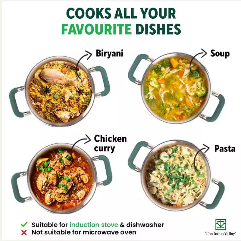 The Indus Valley TurboCuk Tri-ply Stainless Steel Biryani Cooking Pot/Casserole, Premium Quality, 3 Layer Thick Body, Cool Silicone Handles, 100% Toxin-free, Non-stick, Induction & Gas, Spatula, 2.9L