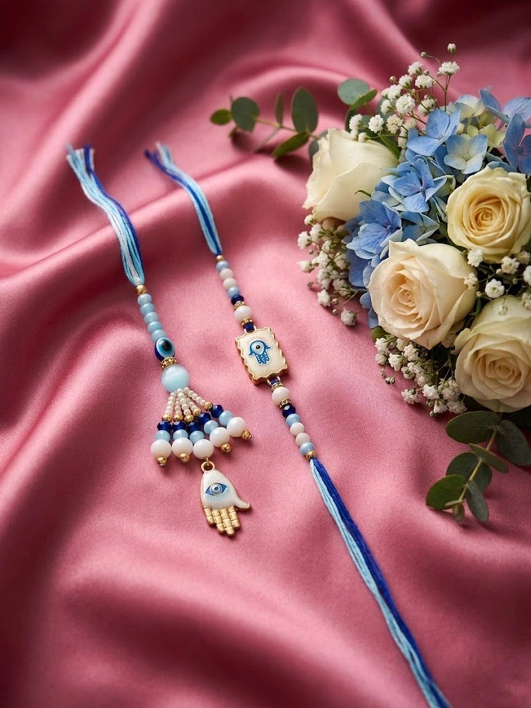Anouk Set Of 2 Evil Eye Hand Design Bhaiya Bhabhi Rakhi With Roli Chawal Chandan Mishri
