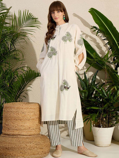 Indyancart IE Floral Embroidered Mandarin Collar Straight Pure Cotton Tunic With Trouser