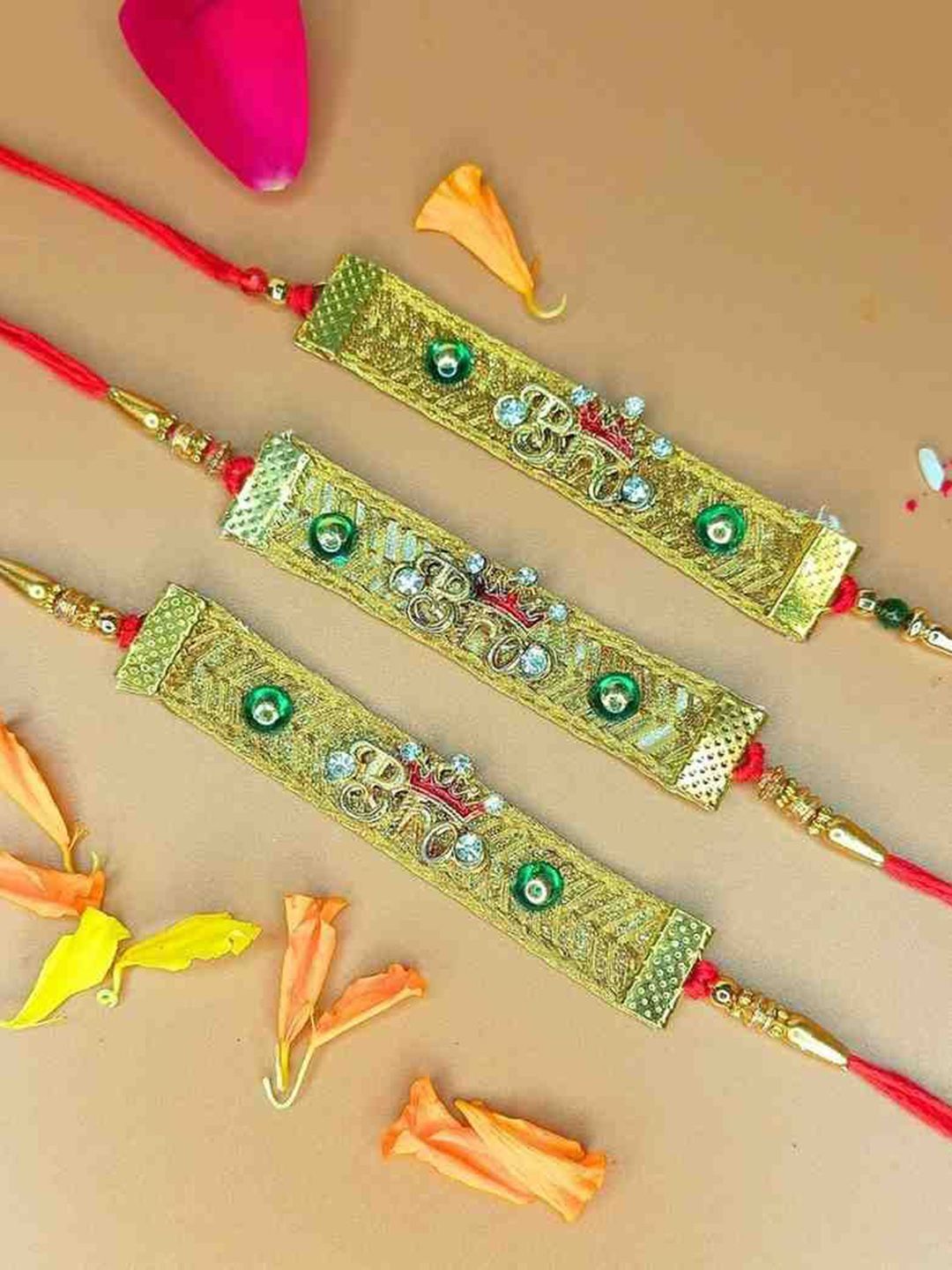 Anouk Set Of 3 Stones Studded And Beaded BRO Thread Rakhis With Roli And Chawal & Card