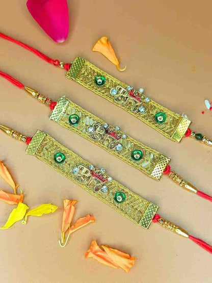 Anouk Set Of 3 Stones Studded And Beaded BRO Thread Rakhis With Roli And Chawal & Card