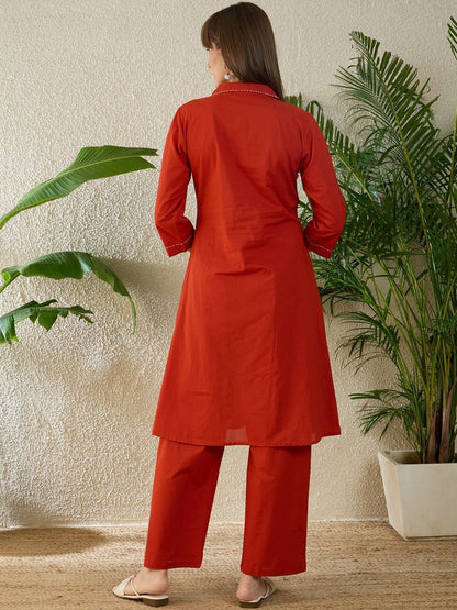 Dhiyona IE Printed Shirt Collar Three-Quarter Sleeves Pure Cotton Top With Trousers