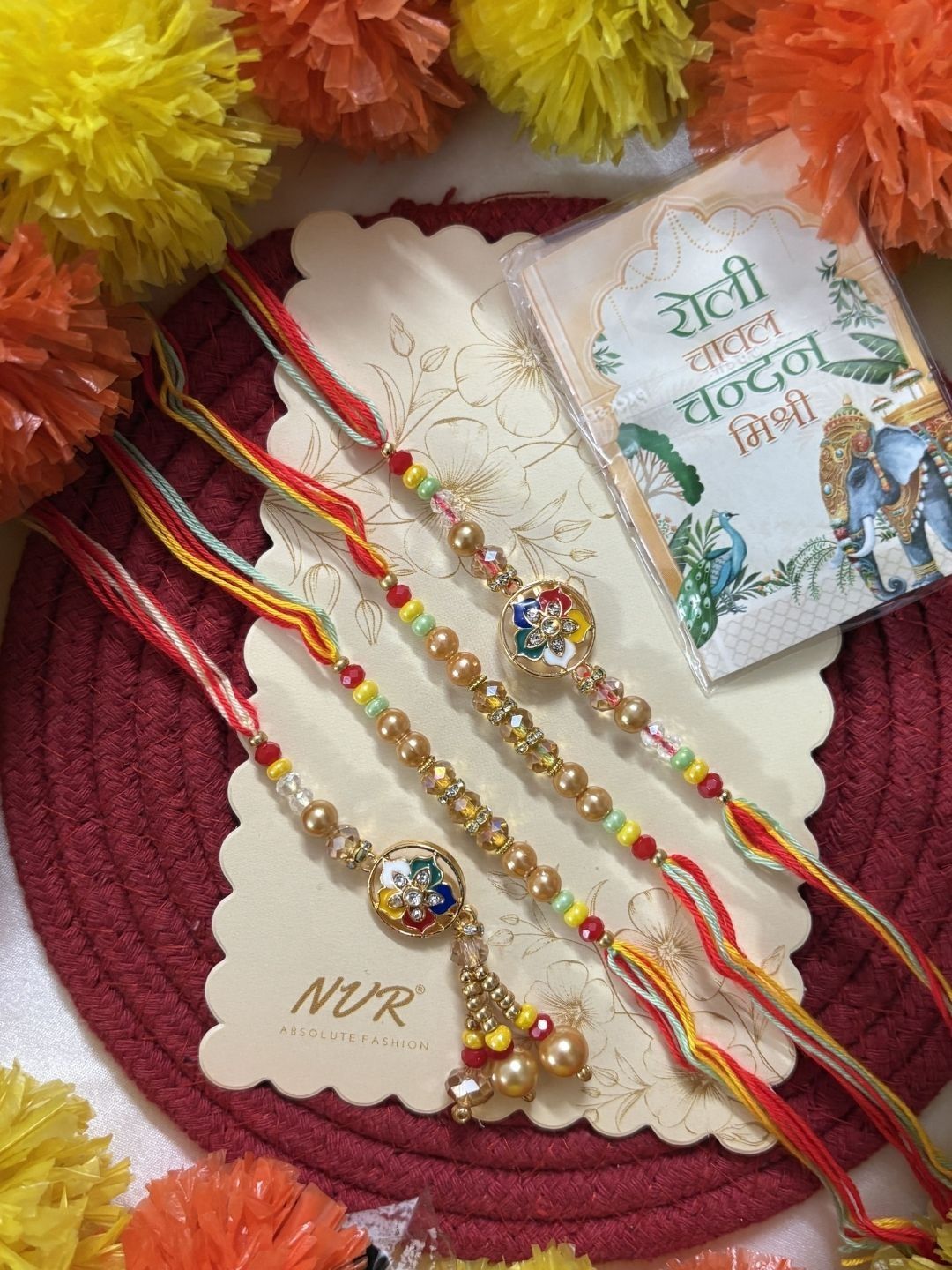Anouk Set Of 4 Artificial Beads Family Pack Thread Rakhi With Roli Chawal Chandan Mishri