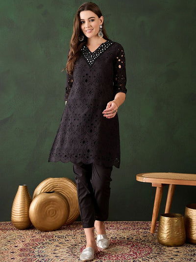 Indyancart SN Women's Embroidered Regular Mirror Work Pure Cotton Kurti With Trousers