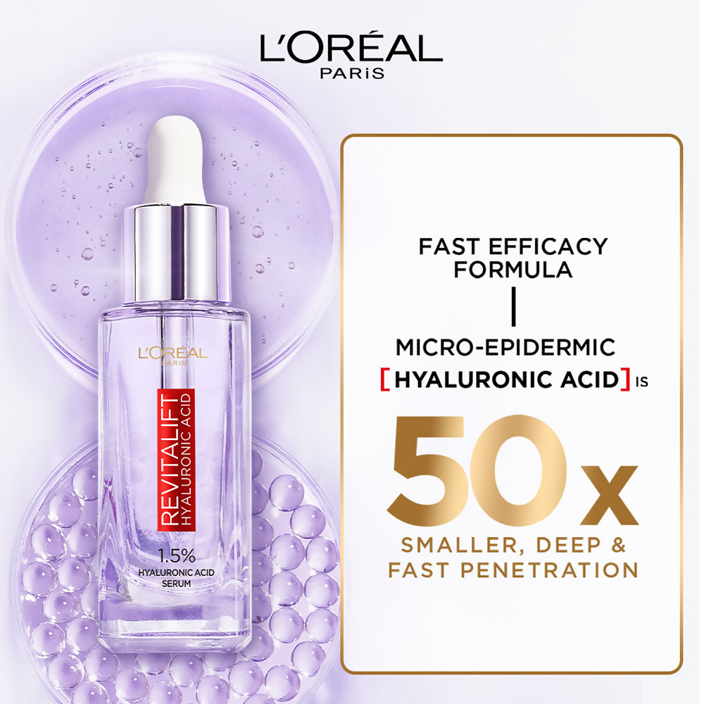 L'Oreal Paris Hydrated, plump, and radiant skin kit featuring serums and essence bottles on a clean background.