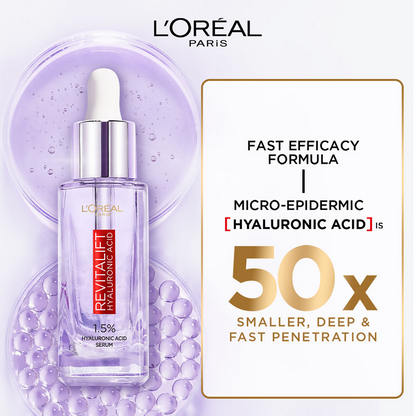 L'Oreal Paris Hydrated, plump, and radiant skin kit featuring serums and essence bottles on a clean background.