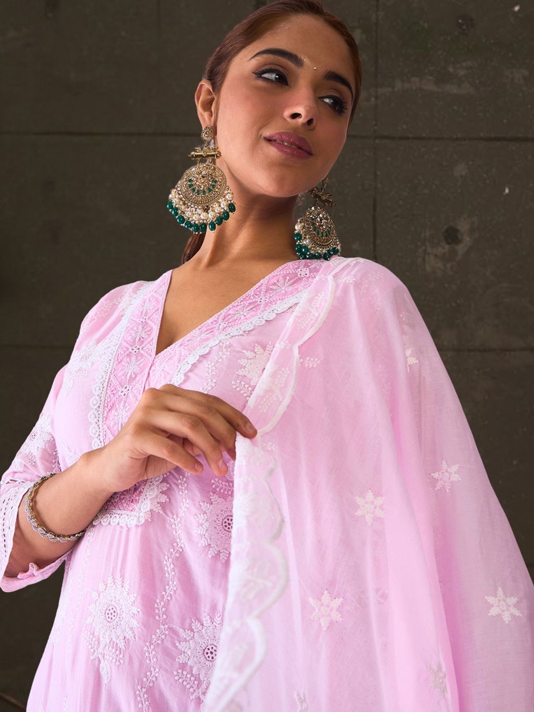 Women Ethnic Motifs Embroidered Regular Chikankari Pure Cotton Kurta with Trousers & With Dupatta