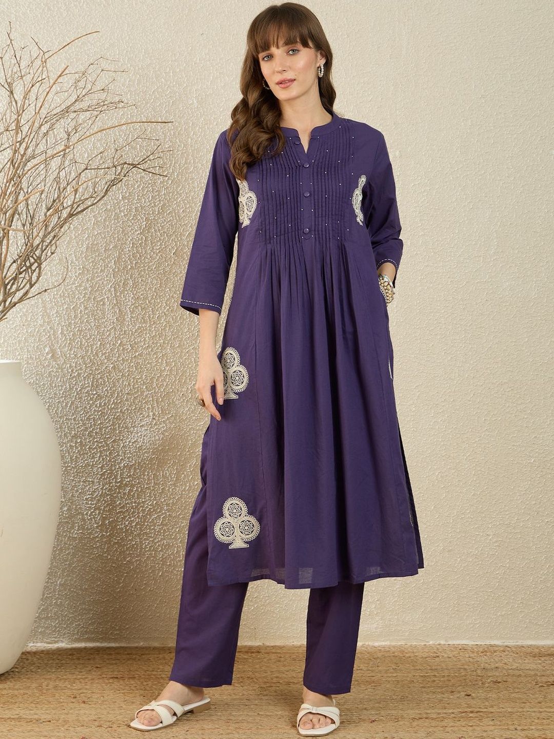 Women Ethnic Motifs Embroidered Pleated Thread Work Pure Cotton Kurta with Trousers