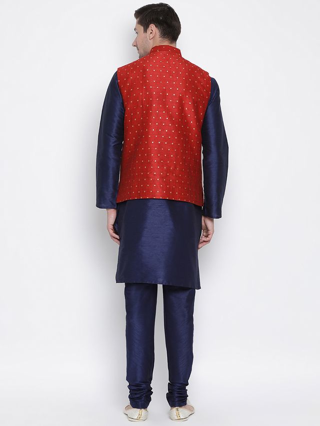 Men's Dark Blue Silk Blend Straight Jacket  Kurta and Pyjama Set