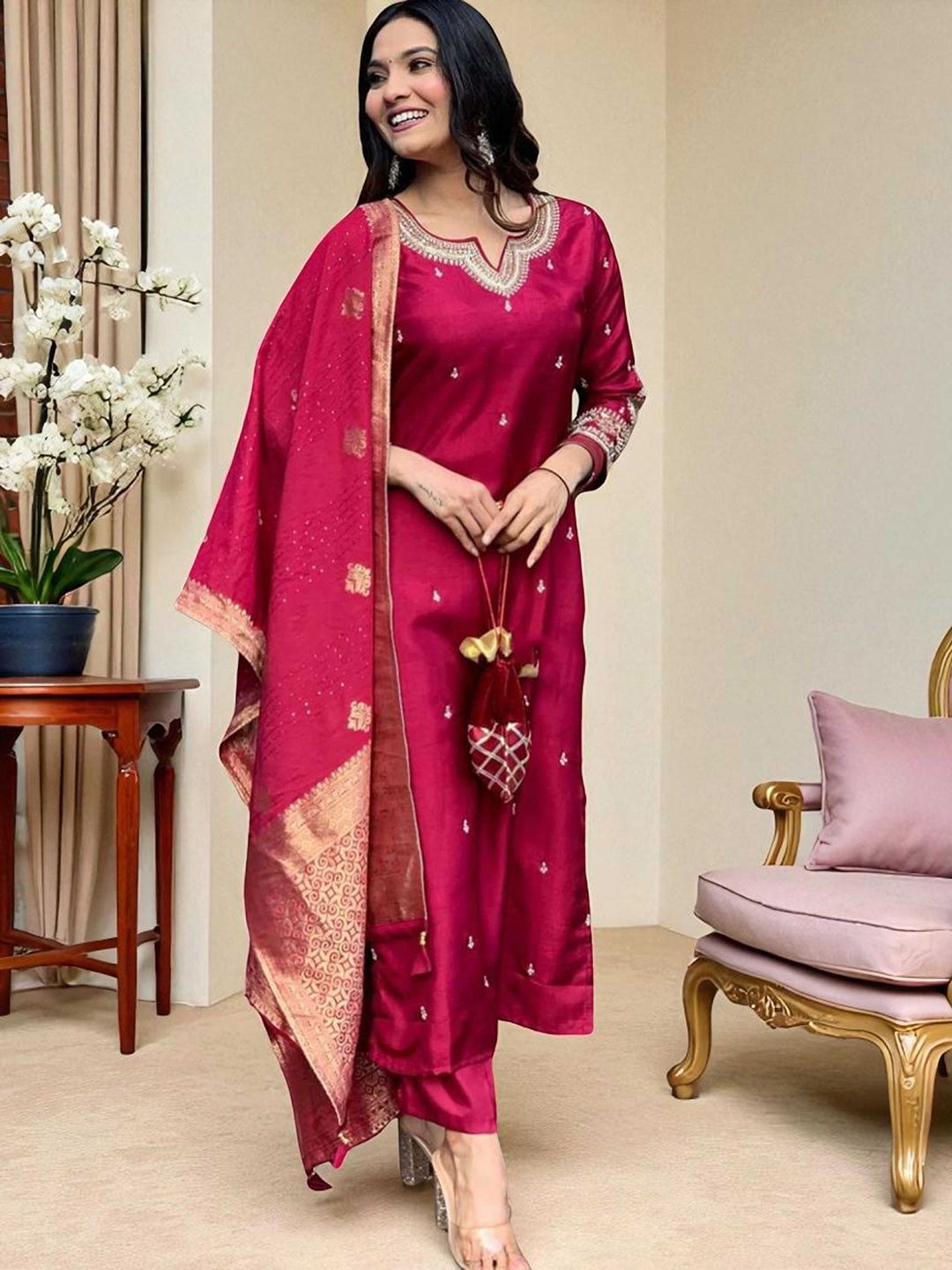 Indyancart SN Women's Embroidered Calf Length Regular Straight Kurta & Pyjamas With Dupatta