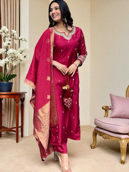 Indyancart SN Women's Embroidered Calf Length Regular Straight Kurta & Pyjamas With Dupatta