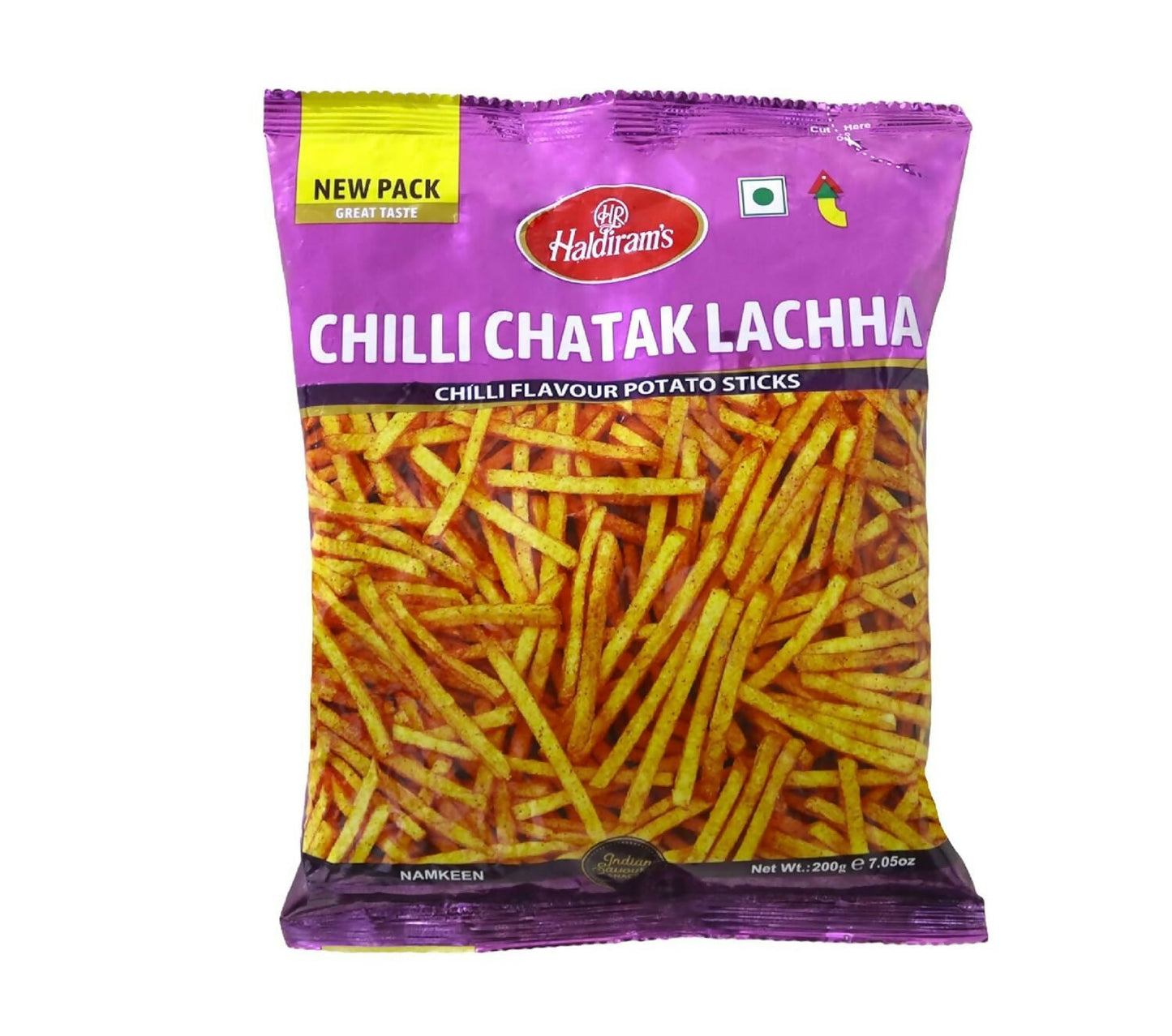 Haldiram's Delhi Chilli Chatak Lachha, crispy North Indian snack with spicy chili flavor and crunchy texture.