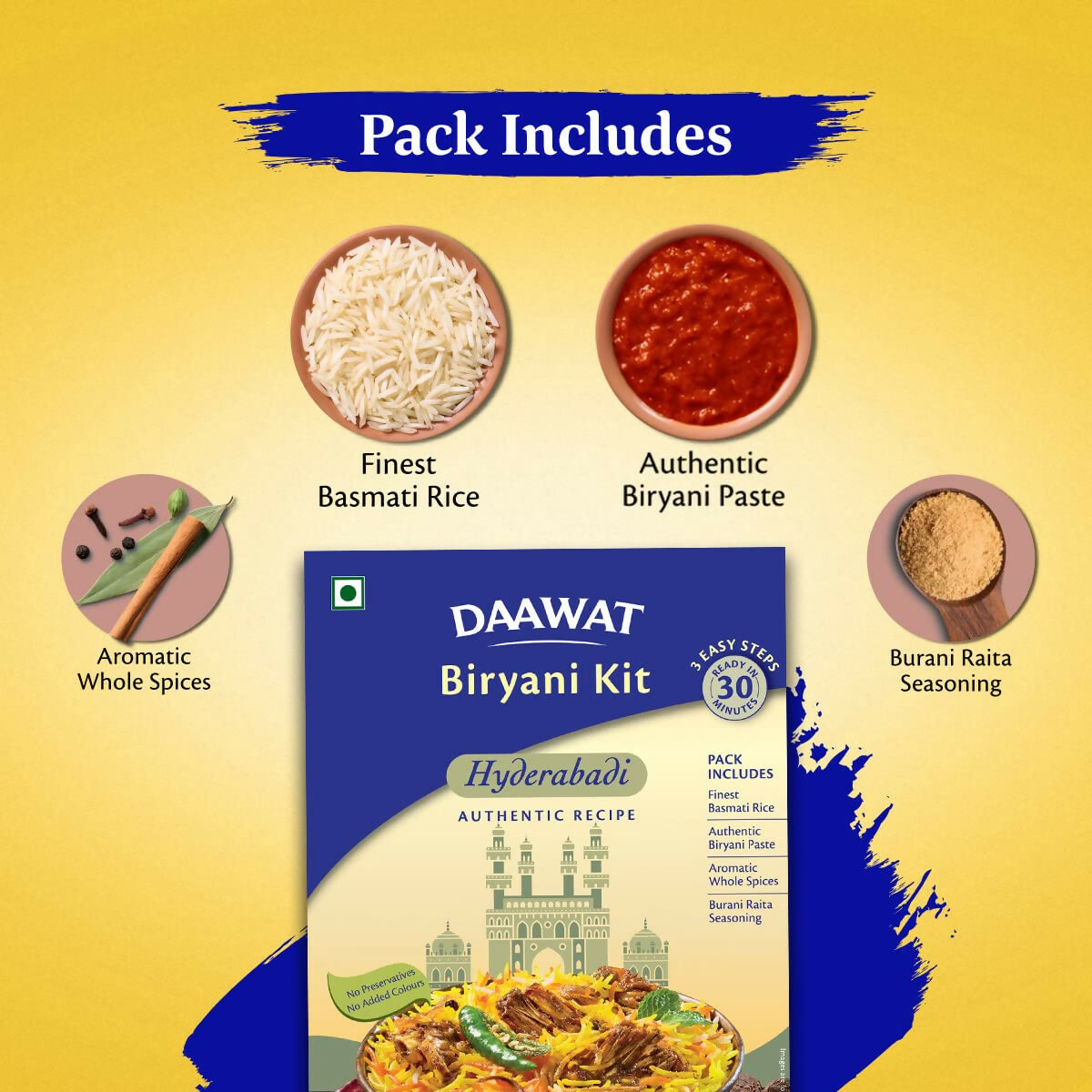 Daawat Hyderabadi Biryani Kit with authentic Biryani Masala, featuring spices and ingredients for flavorful Hyderabadi biryani.