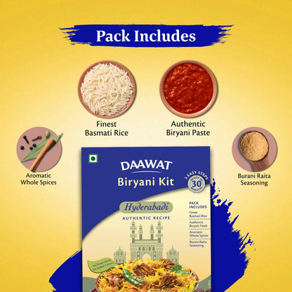Daawat Hyderabadi Biryani Kit with authentic Biryani Masala, featuring spices and ingredients for flavorful Hyderabadi biryani.