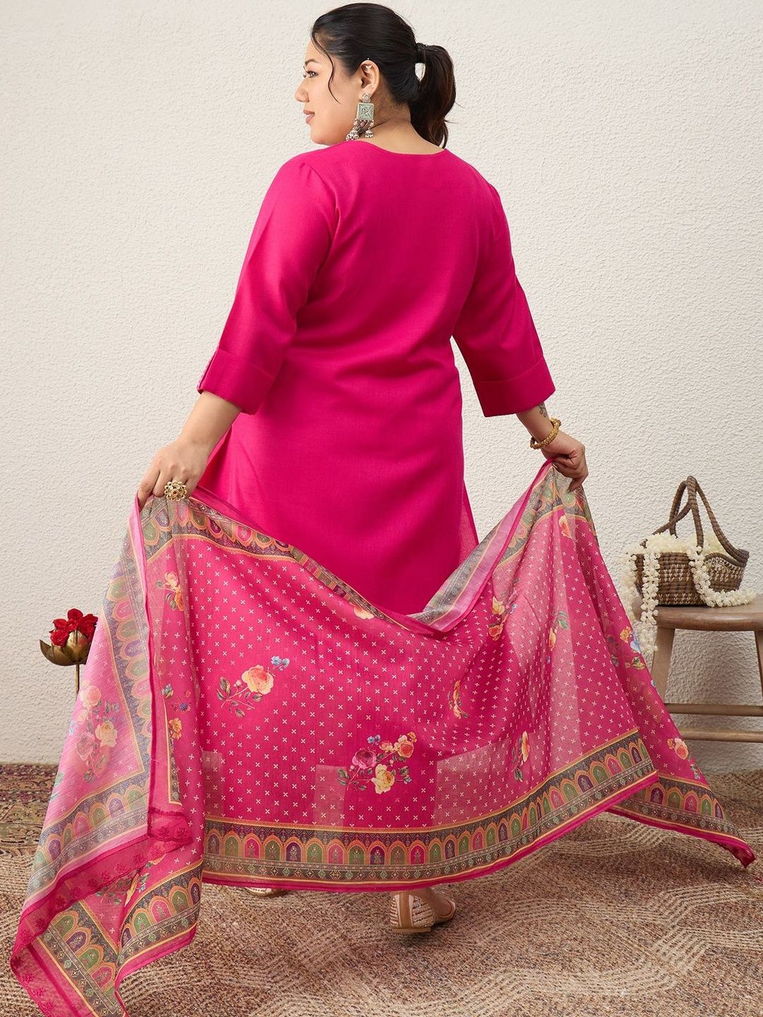 Indyancart Women's Ethnic Motifs Regular Thread Work Kurta with Trousers & With Dupatta