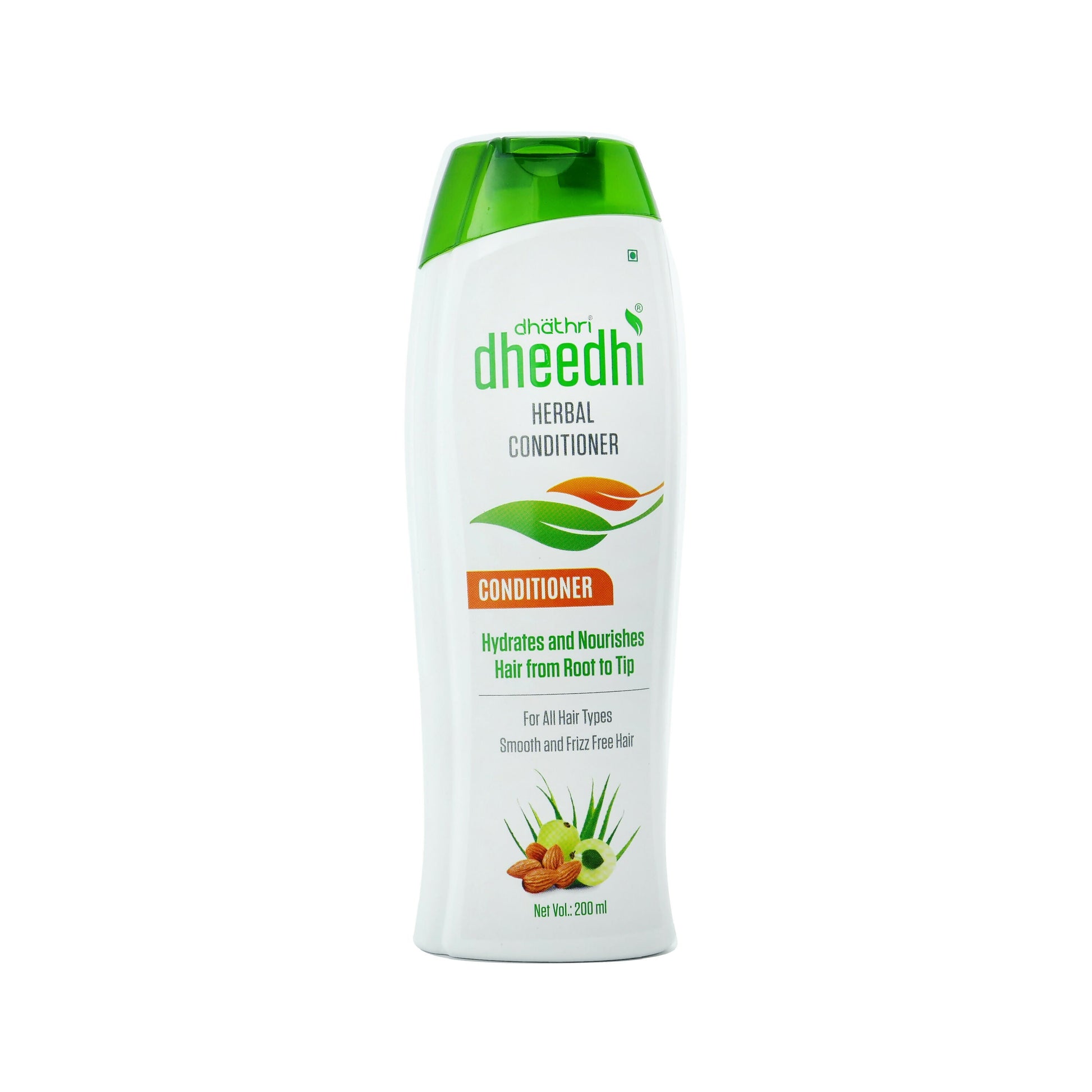 Dhathri Ayurveda Dheedhi Hair Conditioner for dry, frizzy hair, with smooth, shiny hair texture in the image.