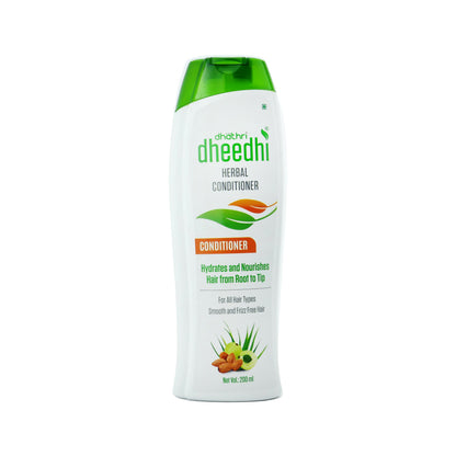 Dhathri Ayurveda Dheedhi Hair Conditioner for dry, frizzy hair, with smooth, shiny hair texture in the image.
