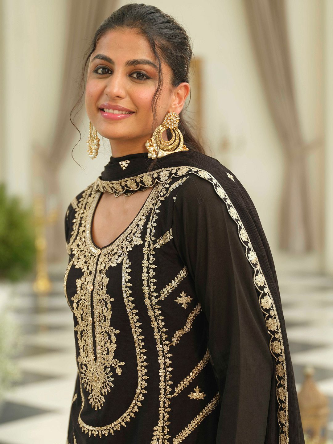 Ethnic Motifs Embroidered Chinon Straight Sequinned Kurta With Palazzos & Dupatta