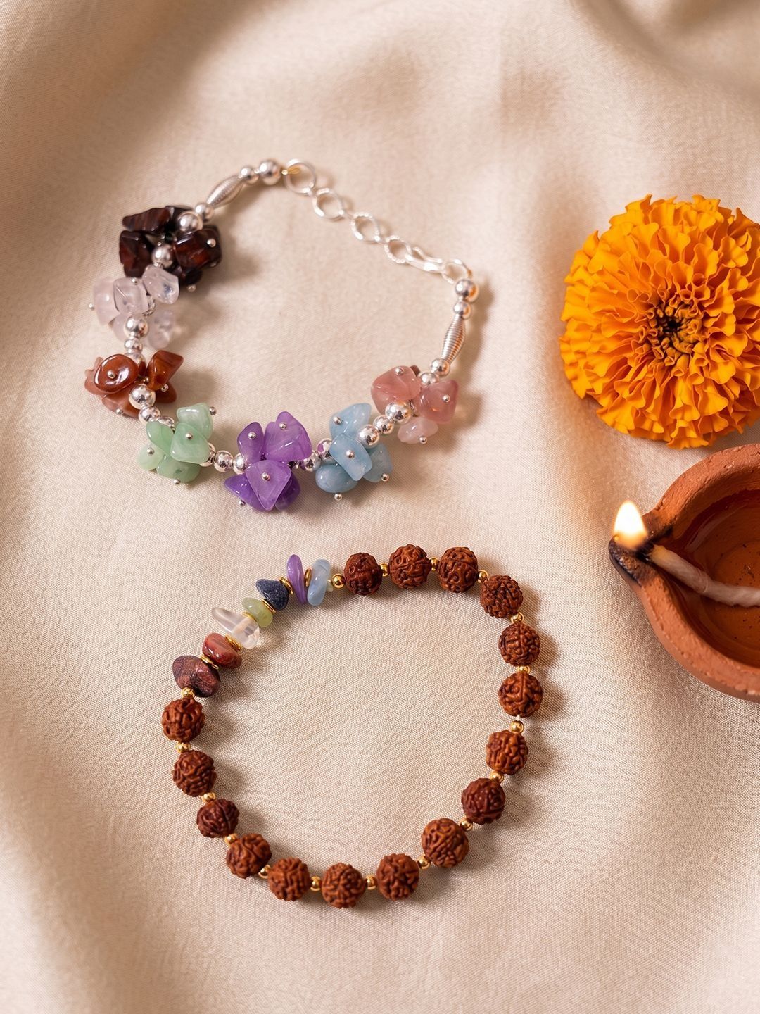 Anouk Set Of 2 Rudraksh & Seven Chakra Chip Bracelet Rakhi With Roli Chawal Chandan Mishri