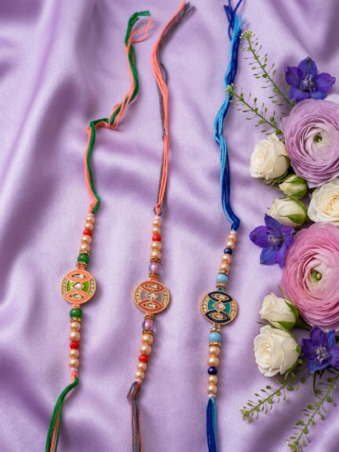 Anouk Set Of 3 Multicolor Artificial Stones & Beads Thread Rakhi With Roli Chawal Chandan