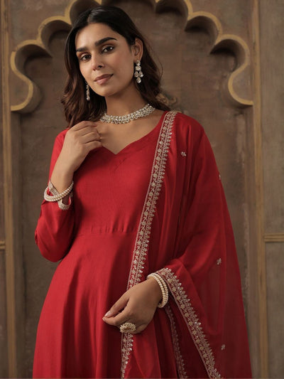 Indyancart IE Liva Sweetheart Neck Anarkali Kurta With Trousers & Dupatta