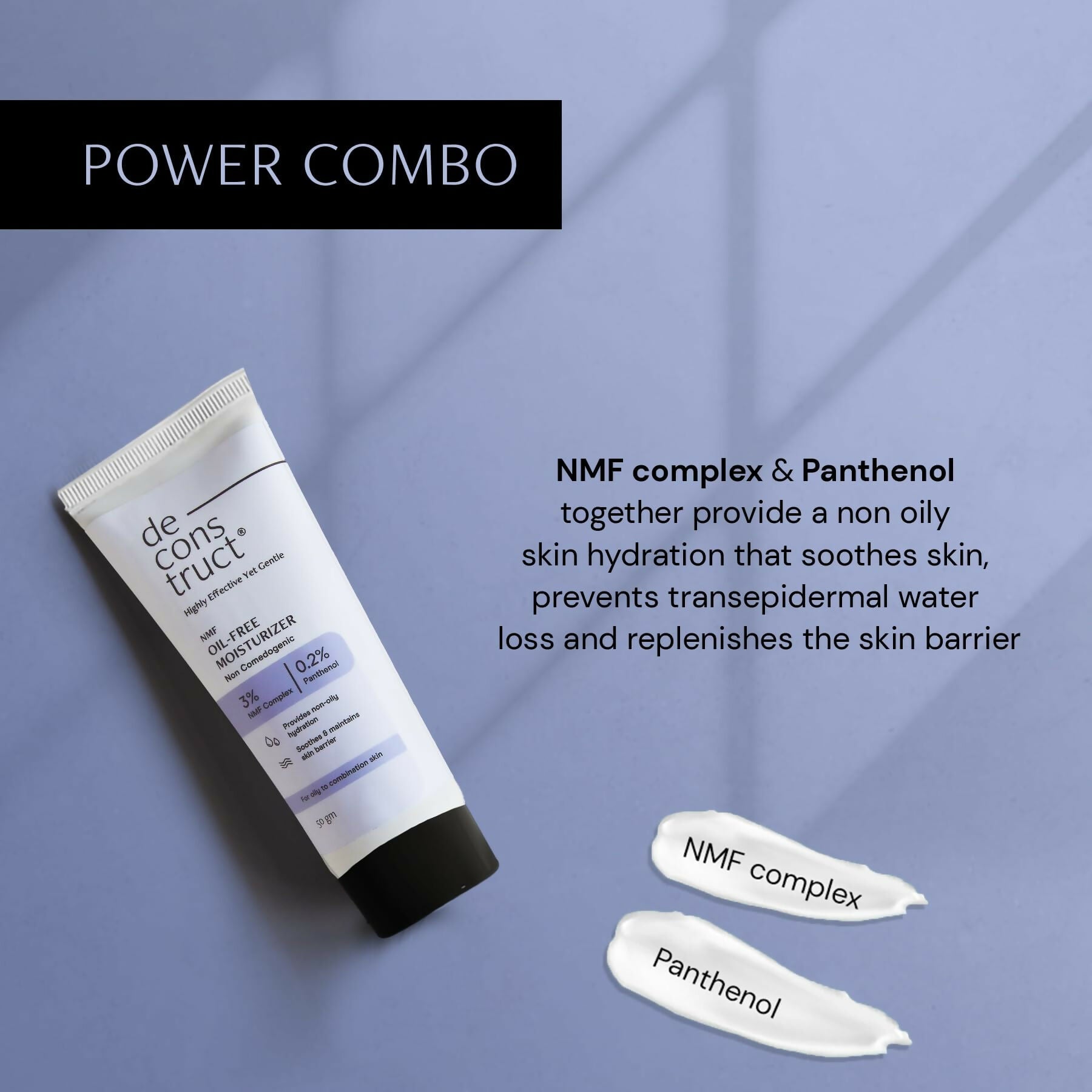 Deconstruct oil-free face moisturizer for oily skin, lightweight and hydrating, with a clean, minimal packaging design.
