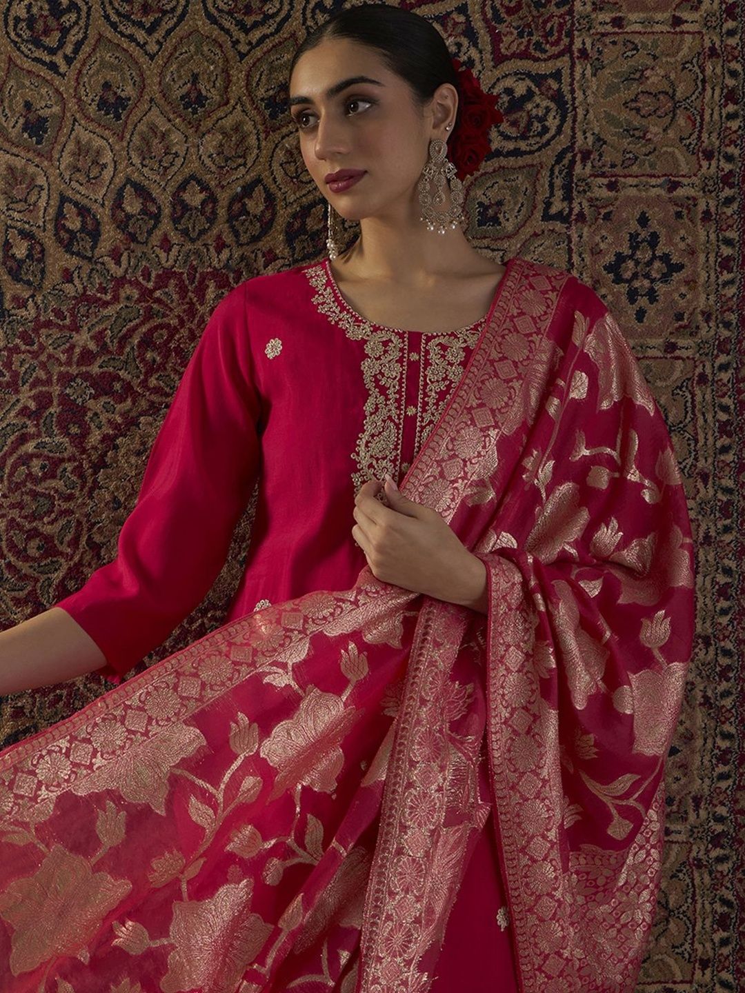 Floral Embroidered Thread Work Round Neck Straight Kurta With Trouser & Dupatta