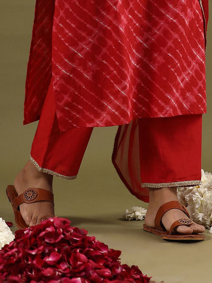Dhiyona IE Women Leheriya Embroidered Regular Thread Work Kurta with Palazzos & With Dupatta