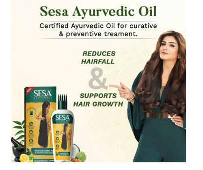 Sesa Ayurvedic Hair Oil bottle with dropper, showcasing herbal ingredient labels and a natural hair care product for healthy hair.