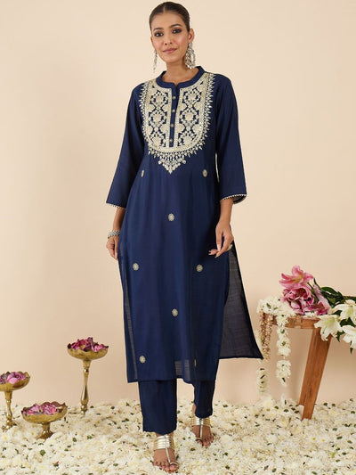 Indyancart IE Women Ethnic Motifs Embroidered Regular Kurta with Trousers