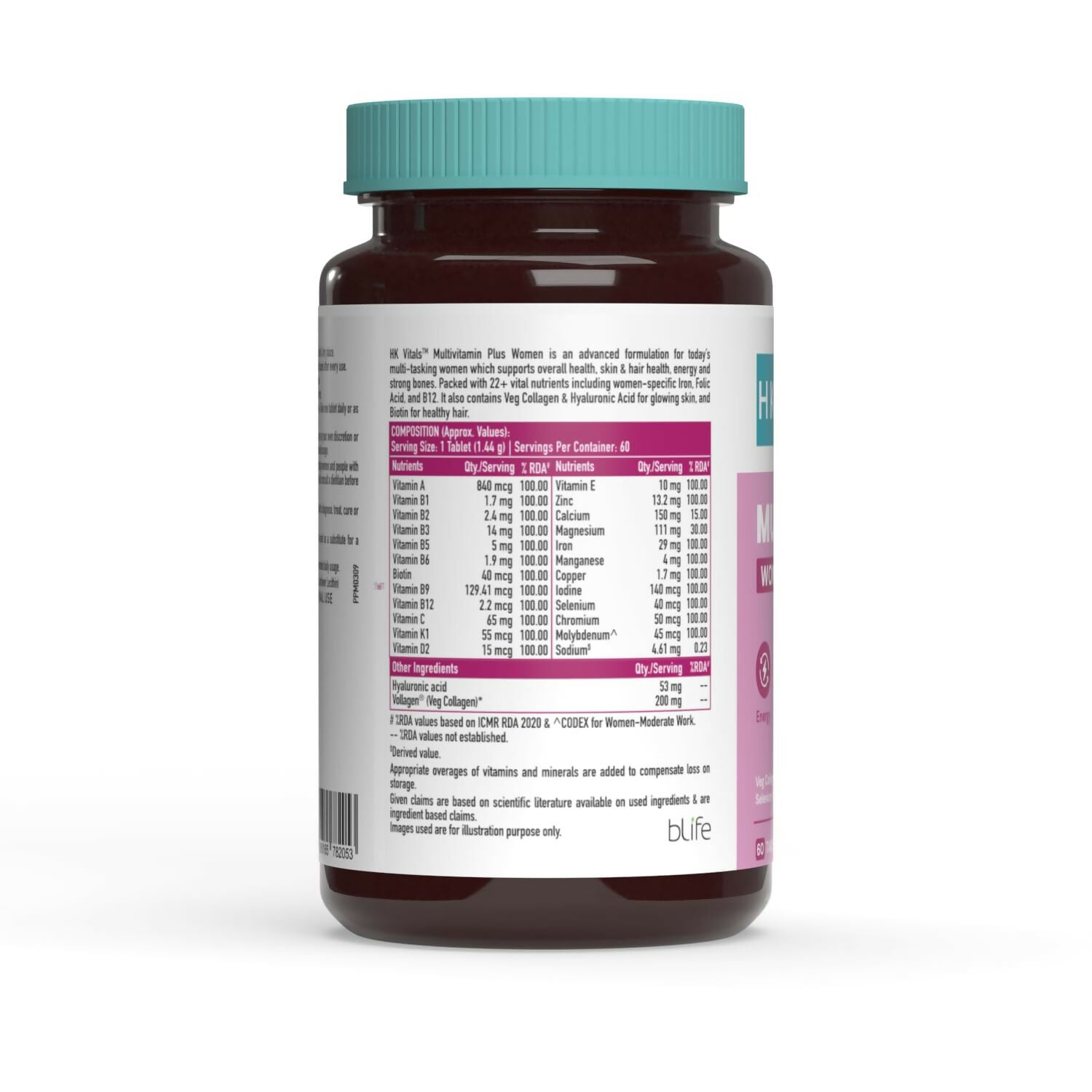 HK Vitals Multivitamin Plus Women Ayurvedic Tablets, showing a bottle of dietary supplement tablets designed for women's health.