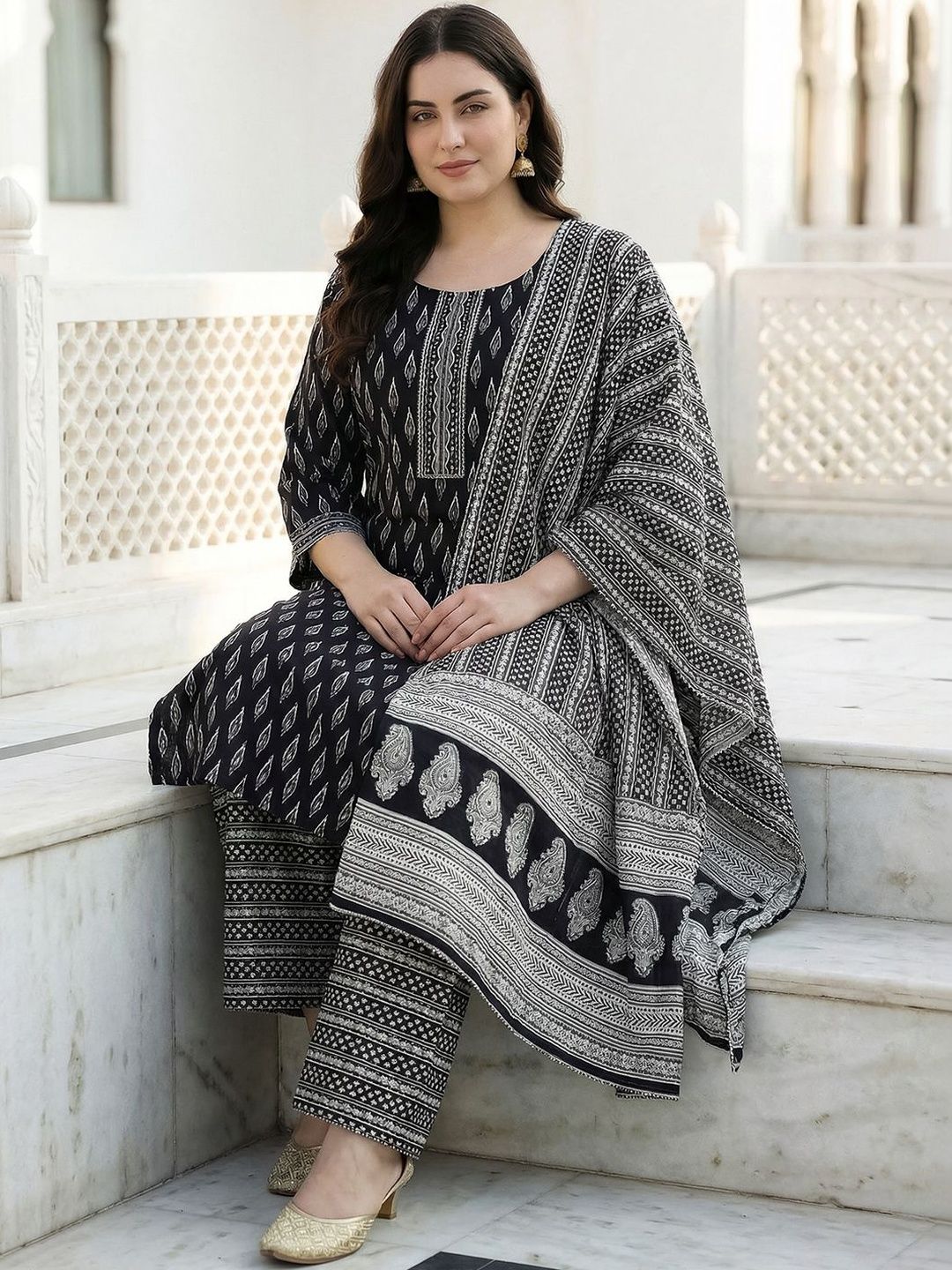 Indyancart Women's Ethnic Motifs Printed Regular Pure Cotton Kurta with Palazzos & With Dupatta