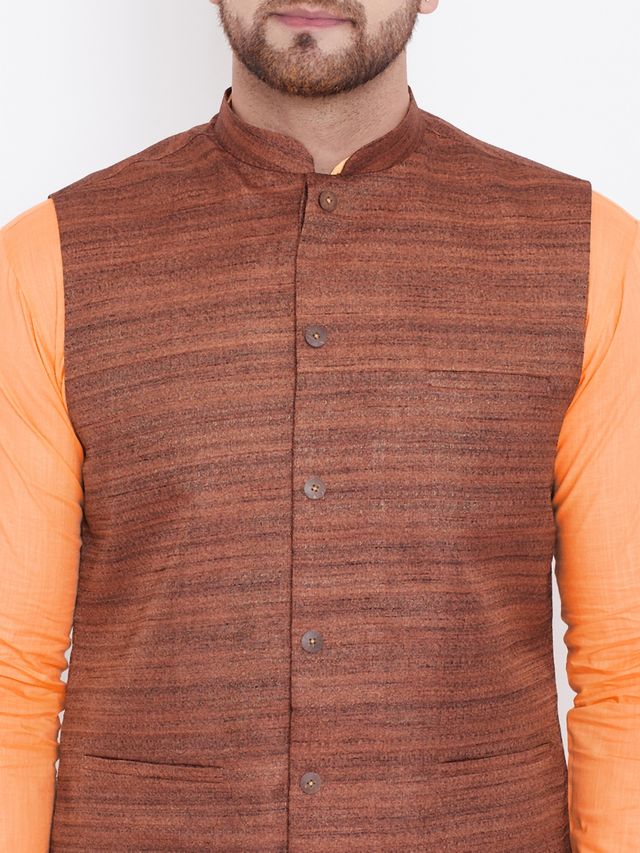 Men's Fawn Cotton Blend Straight Jacket  Kurta and Pyjama Set