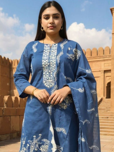 Indyancart IE Ethnic Motifs Embroidered Thread Work Pure Cotton Kurta With Trousers & Dupatta