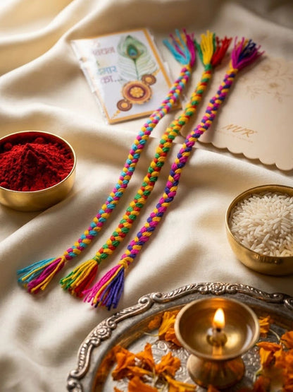 Anouk Set Of 3 Multicolor Thread Rakhi With Roli Chawal Chandan Mishri