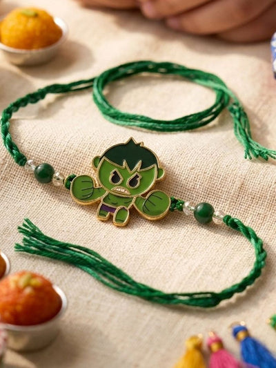 Indyancart Kids Hulk Character Artificial Beads Thread Rakhi With Roli Chawal Chandan Mishri