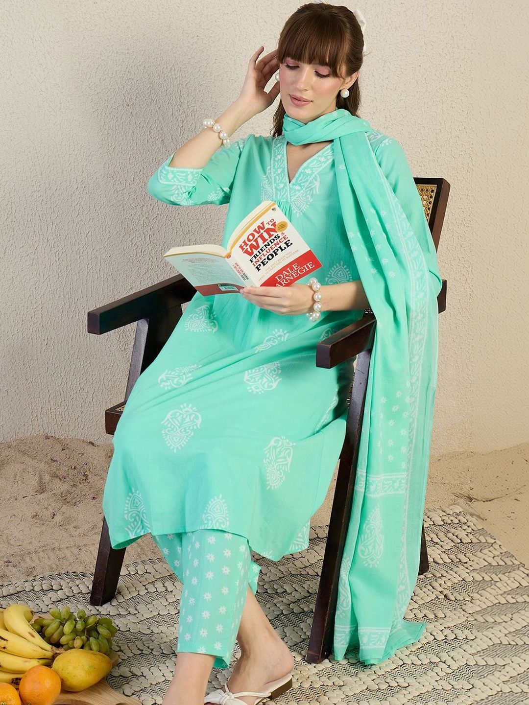 Women Ethnic Motifs Printed Regular Pure Cotton Kurta with Trousers & With Dupatta
