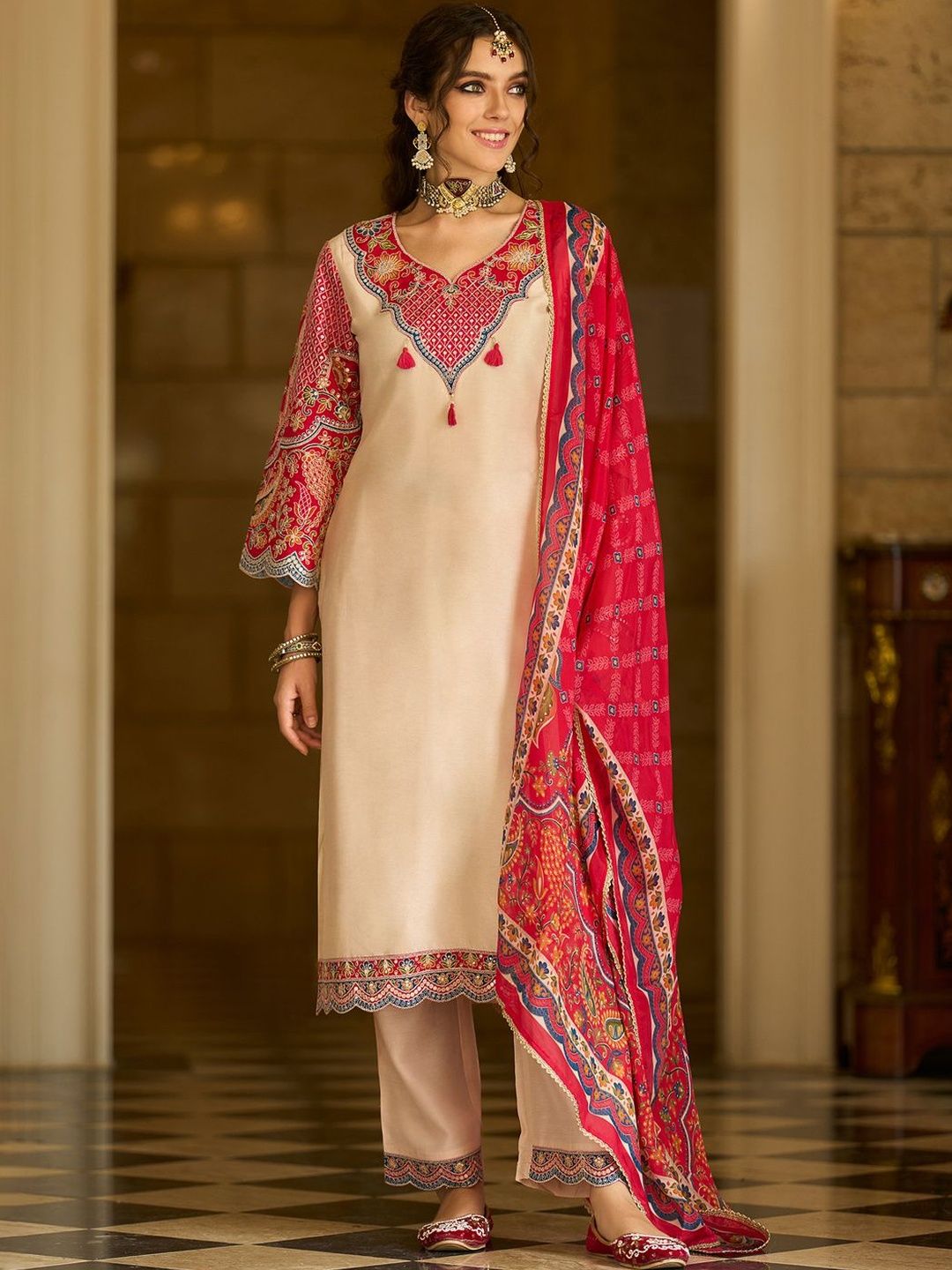 Ethnic Motifs Printed V-Neck Thread Work Kurta With Trousers & Dupatta