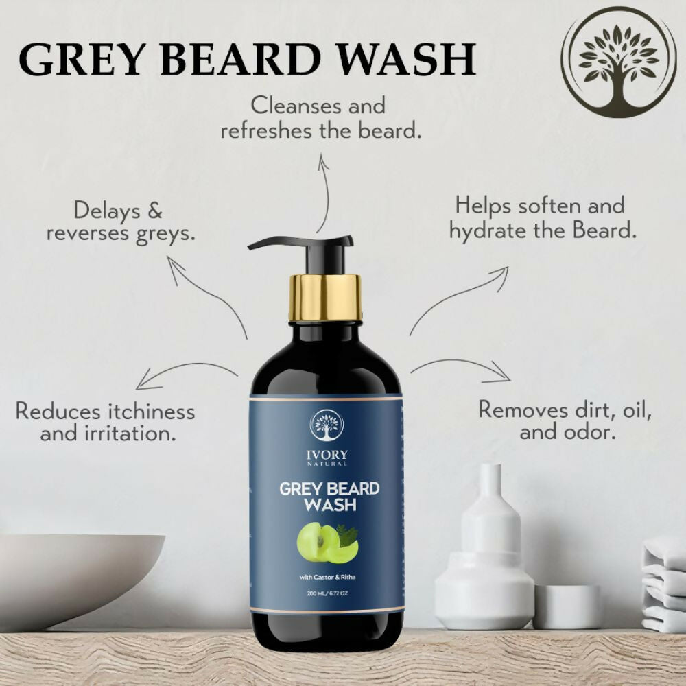 Ivory Natural beard wash bottle with label, designed for restoring natural black beard color and reducing graying in men's grooming.