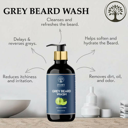 Ivory Natural beard wash bottle with label, designed for restoring natural black beard color and reducing graying in men's grooming.