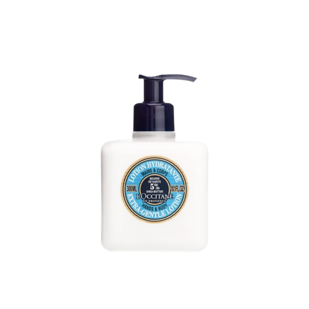 L'Occitane Shea Butter Body Lotion bottle with pump dispenser, highlighting its creamy texture and gentle skincare formula.