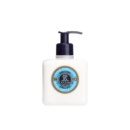 L'Occitane Shea Butter Body Lotion bottle with pump dispenser, highlighting its creamy texture and gentle skincare formula.
