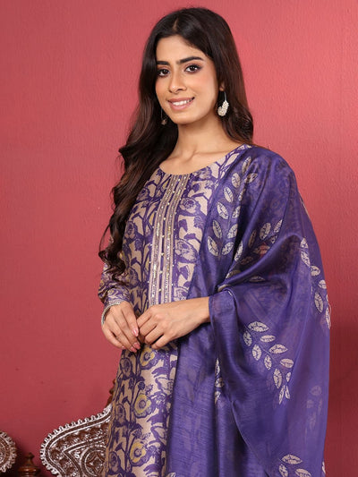 Indyancart VA Women'sPurple Floral Printed Beads and Stones Chanderi Silk Kurta with Trousers & Dupatta